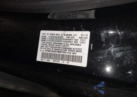 2015 Honda Odyssey Ex-L z USA, uszkodzony, nr VIN 5FNRL5H6XFB057224